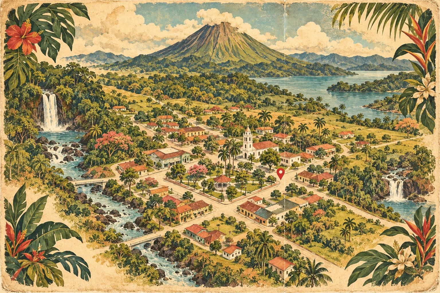 Illustrated travel postcard of La Fortuna, not a navigation map
