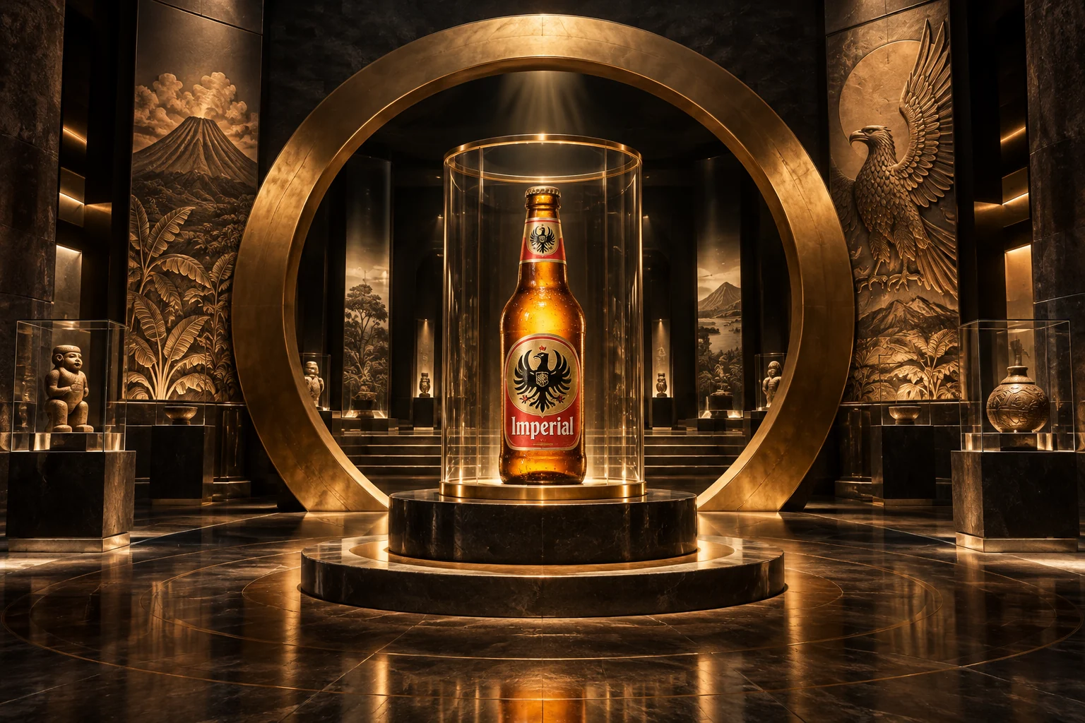 Concept of an illuminated Imperial bottle within a monumental bronze museum portal
