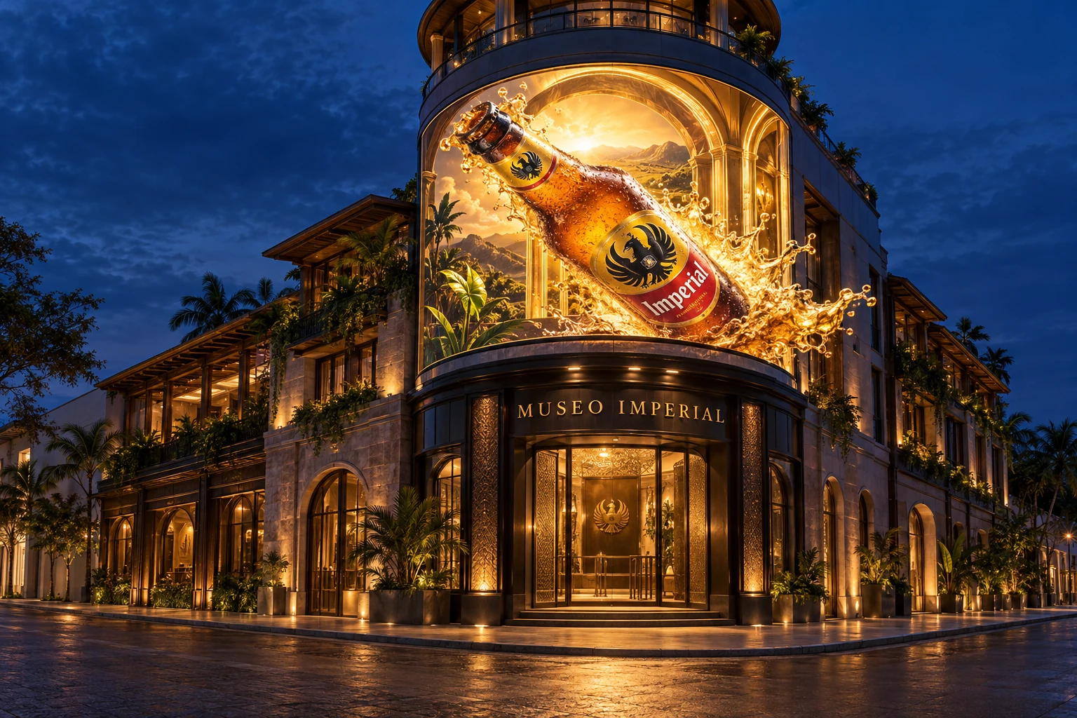 Concept visualization of the tower with a curved 3D Imperial screen at blue hour